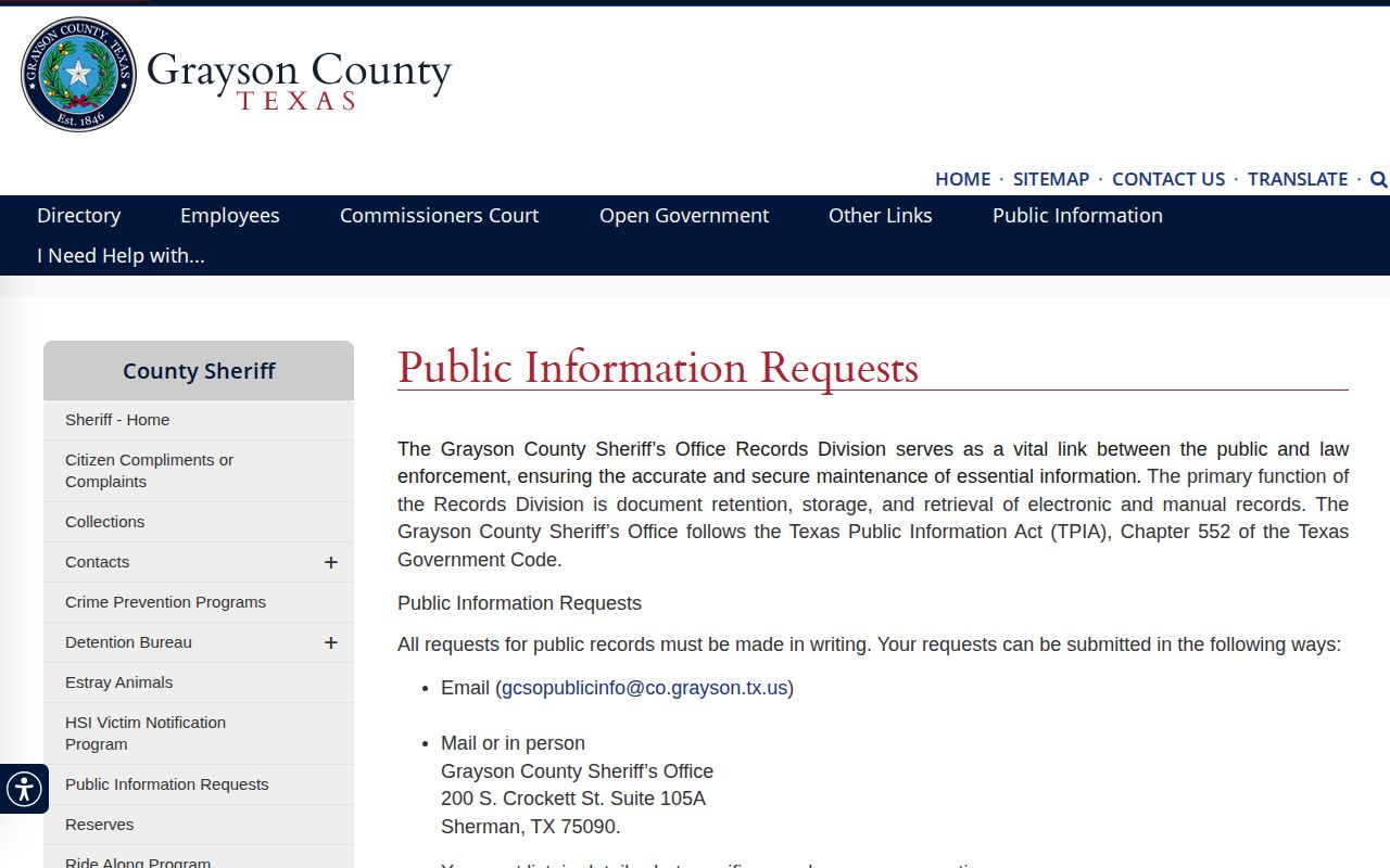 Grayson County released inmate booking photo request page